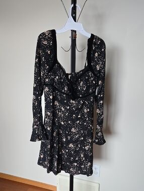 Free People Tess Black Mini Dress with Cream Floral Print